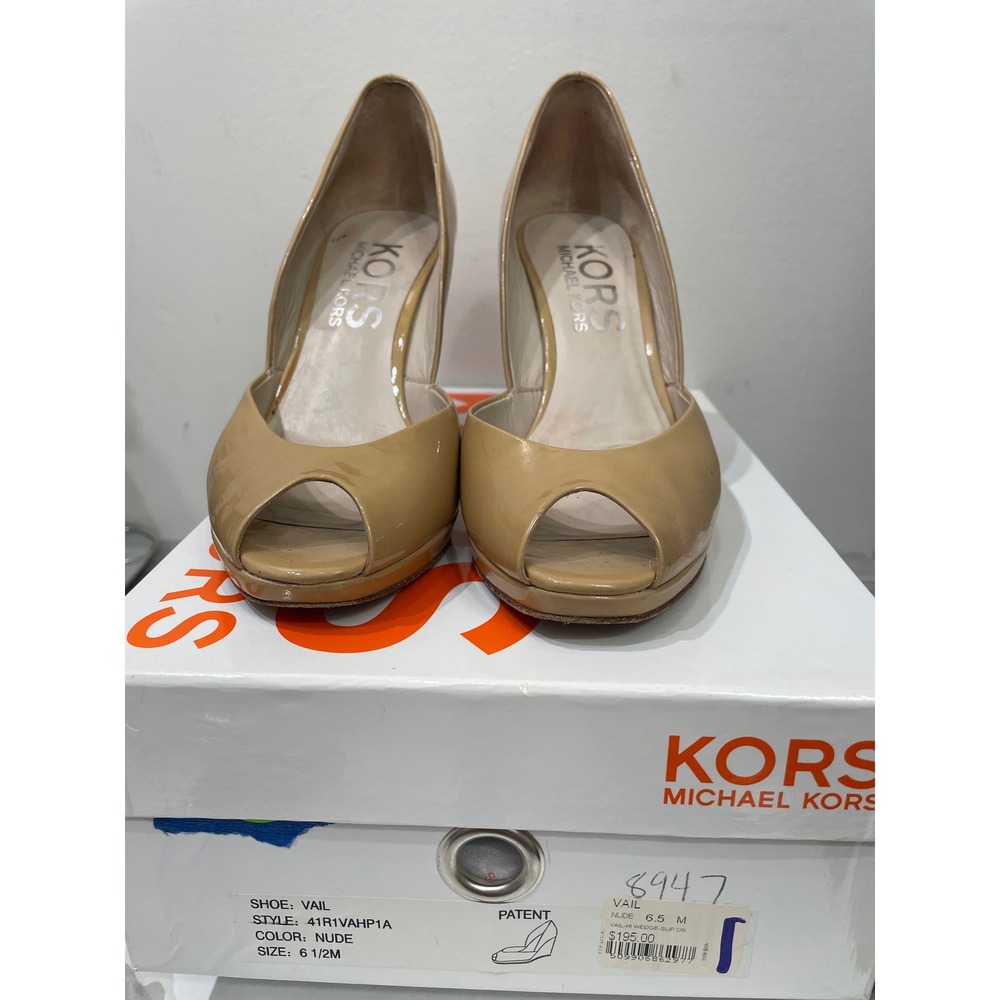 Michael Kors Vail Nude Patent Leather Peep Toe Wedge Pumps Heels 6.5M 41R1VAHP1A
